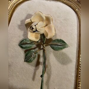 Vintage Sandor Cream and Green Enamek Rose Brooch